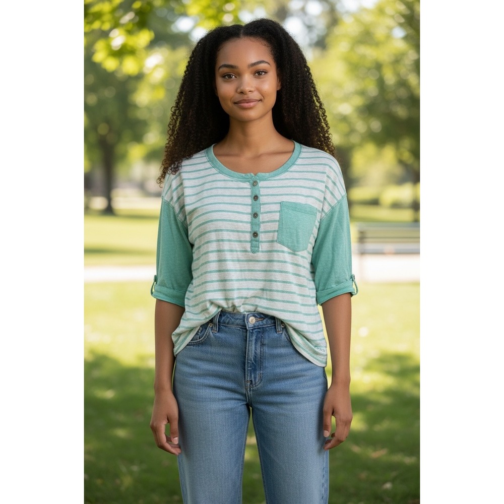 Carhartt Green Striped Henley Pocket T-Shirt Size M 8-10 Pocket‎ Short Sleeve